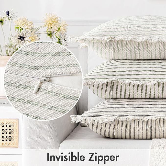 MIULEE Pack of 2 Sage Green Pillow Covers 24x24 Inch Striped Farmhouse Couch Throw Pillow Covers with Fringe Chic Linen Decorative Cushion Eruo Sham for Sofa Living Room Bed Outdoor Home Decor