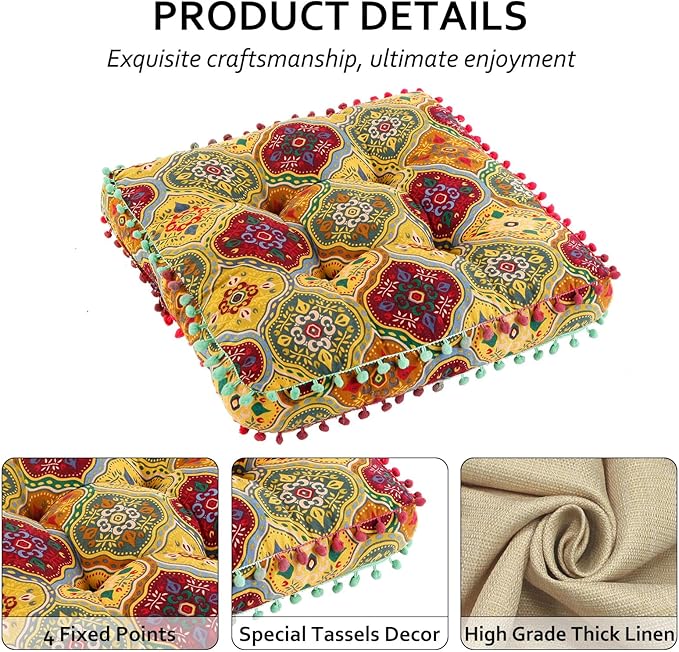 Bohemian Seat Cushion，Indoor & Outdoor 16.5" x 16.5" Seating Cushion for Dinning Chairs, Decorative with Tassels(4Pcs, Yellow)