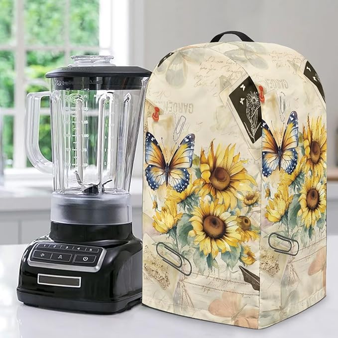 Sunflower Butterfly Print Blender Dust Cover with Drawstring Kitchen Small Appliance Cover Dust Proof Stand Mixer Coffee Maker Appliance Cover Easy Clean Washable for Home Kitchen Decor