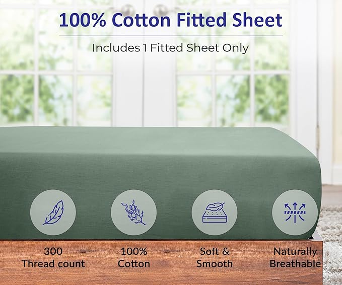 ROYALE LINENS 300 Thread Count 100% Long Staple Combed Cotton Fitted Sheet Twin XL - Super Soft Deep Pocket Bottom Sheet - Fitted Sheets Only - Elastic Sheets (Twin XL, Sage Green)