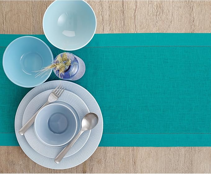 Solino Home Linen Hemstitch Table Runner 36 Inches - 100% Pure Linen Teal Table Runner 14 x 36 Inch Ideal for Dresser and Coffee Tables - Christmas, New Year - Classic Hemstitch