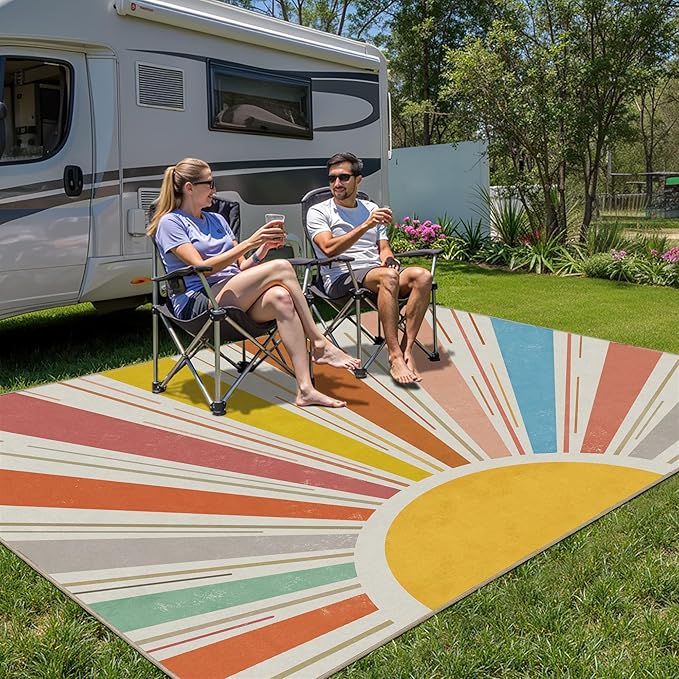 Multicolored Outdoor Indoor Area Rug Boho Sun Rainbow Washable Outdoor 8x10 Patio Rugs Medieval Aesthetic Vintage Abstract Art Non-Slip Carpet for Living Room, Patio, Porch, Pool Deck (8x10)