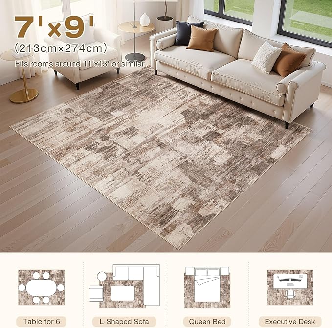 Abstract Living Room Rug 7x9 - Modern Washable Soft Thin Area Rug for Living Room Bedroom Under Dining Table - Neutral Indoor Floor Rug Carpets for Home Office Playroom Nursery - Brown