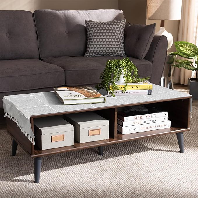 Coffee Table Cloth, Coffee Table Cover with Pockets and Tassel,Grey Grid for Living Room Small Rectangle Tablecloths Washer Dryer Fridge Top Dust Cover,Easy Care Machine Washable