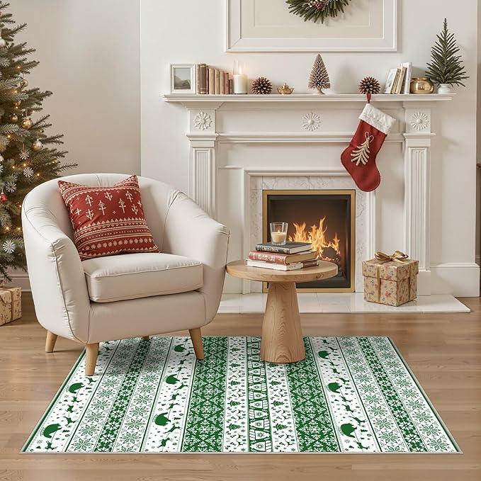Abstract Living Room Rug 3X5 - Modern Washable Christmas Soft Thin Area Rug for Living Room Bedroom Under Dining Table - Neutral Indoor Floor Rug Carpets for Home Office Playroom Nursery - Green