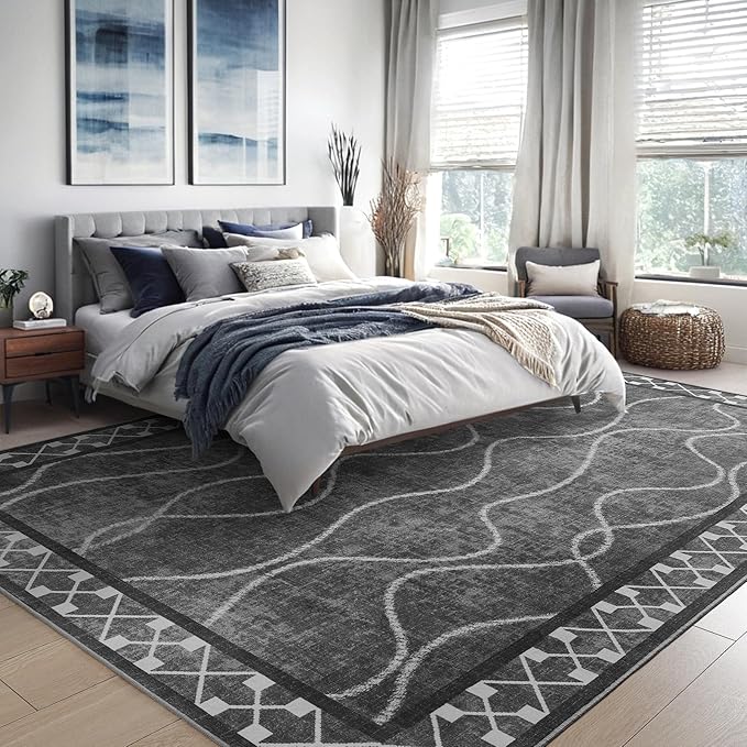 5x7 Area Rugs for Living Room, Machine Washable Rugs, Non-Slip Low Pile Indoor Floor Rugs, Large Modern Carpet for Bedroom Entryway Classroom Playroom Dining Room Home Decor, Dark Grey