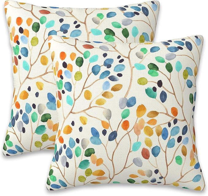 Throw Pillow Covers Colorful Leaves Spots Pillow Covers 18x18 Inch Set of 2 Boho Floral Throw Pillows Decorative Pillow Cases Cushion Covers for Bedroom Livingroom Sofa Farm House