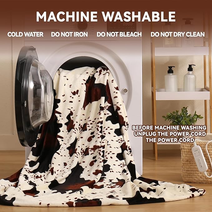 Cow Print Heated Electric Blanket Soft Western 60" x 50" Heating Blanket Cozy Throw Fast Heating 1-10H Auto-Off 8 Heat Level Over-Heat Protection Double Sided Cow Printing