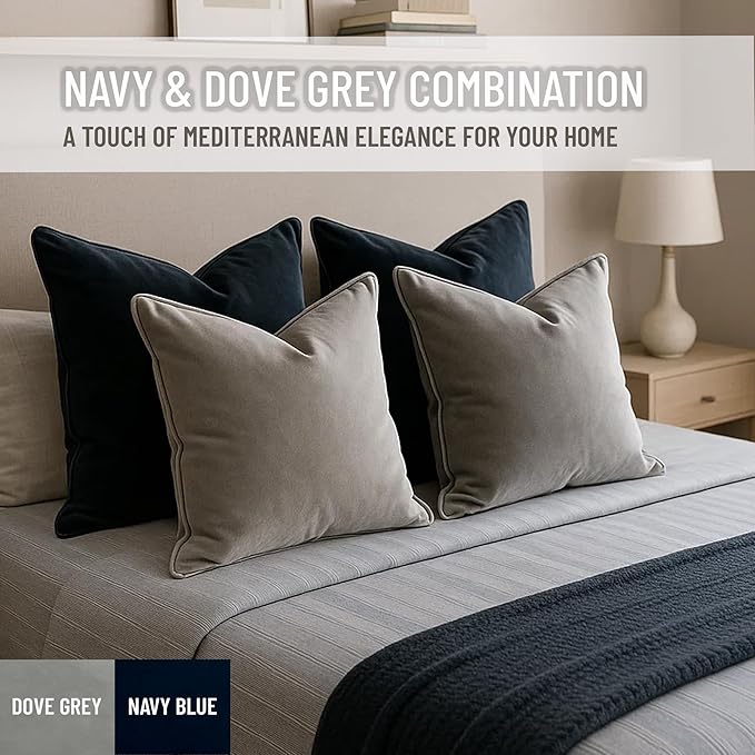 2 Pack Velvet Decorative Throw Pillow Covers, 12"x20", Navy Blue and Grey, Solid, Modern, Contrast Piping, Indoor Use, Bedroom & Living Room