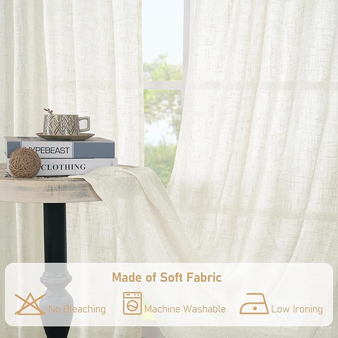 LAMIT Cream Linen Boho Curtains, 80 inch Length, 2 Panels, Light Filtering Semi Sheer, Back Tab and Rod Pocket, Neutral Panels for Bedroom/Living Room, 52 x 80 Inch