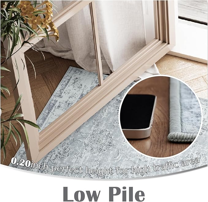 jinchan Fiora 6x9 Area Rug for Living Room Washable Soft Throw Rug Ultra-Thin Stain Resistant Non-Slip Distressed Vintage Floral Large Carpet for Bedroom Dining Room Home Office Nursery(6x9ft, Grey)