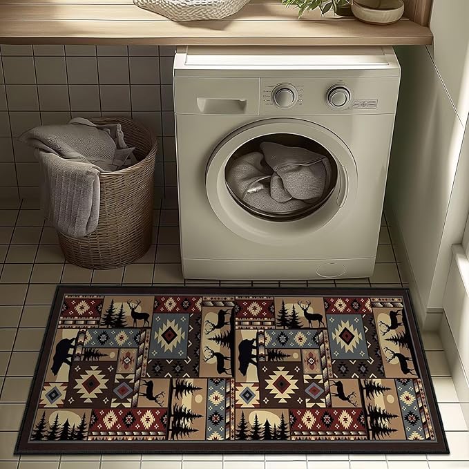 Rustic Rug 2x4,Cabin Wildlife Buffalo Plaid Bear Moose Deer Country,Ultra-Thin Throw Carpet Washable Kitchen Rug Runner Vintage Entryway Floor Mat Non Slip Indoor Door Mat for Hallway,Bedroom,Bedside