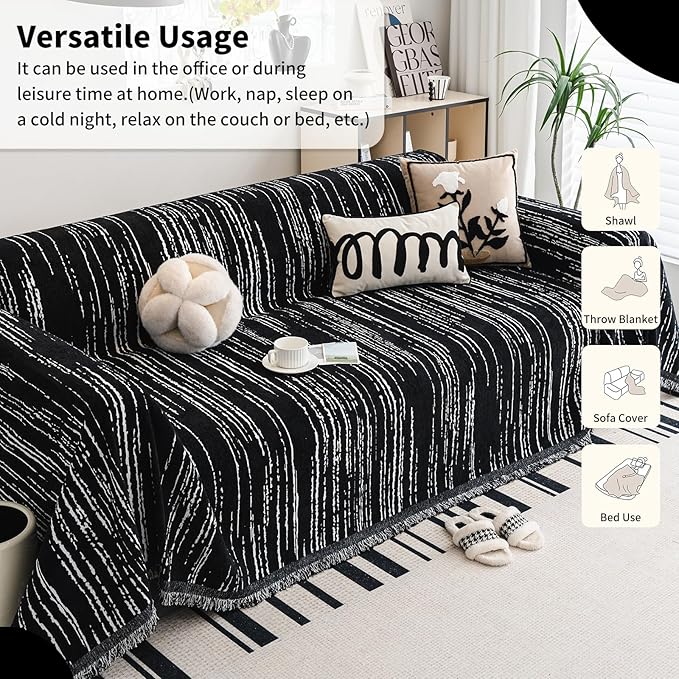 Chenille Couch Cover Pet Friendly, Sofa Cover Washable, Reversible Sofa Slipcover for Sectional Sofa, Loveseat, 2 or 3 Cushion Couch, Corner Sofa, Futon Cover (71" X 150", Black)