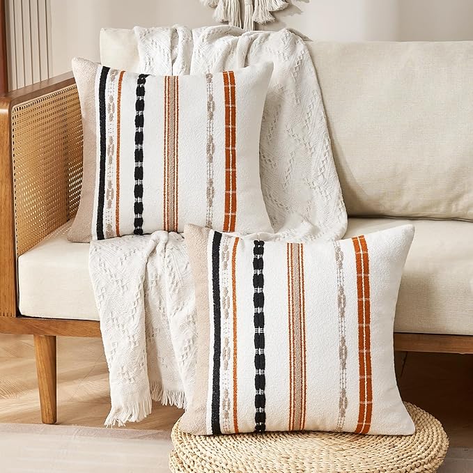 Boho Pillow Covers 18x18 Square Farmhouse Decorative Cushion Case Striped Square Cushion Cover Cozy Soft Neutral Throw Western Pillows Protector Modern Decorative for Couch Sofa Bed, Set of 2