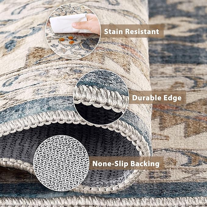 Vintage Hallway Runner Rug 3x14: Large Soft Washable Entryway for Kitchen Laundry Room Non-Slip Backing Runner for Entrance Living Room Bedroom Bathroom - Vintage Blue