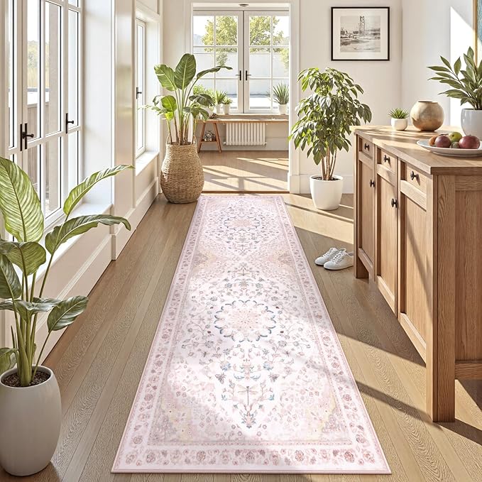 Moynesa Pink Runner Rugs for Long Hallway 2.5x8, Vintage Washable Floral Print Runner for Nursery Decor, Rubber Backing Non Slip Carpets for Kitchen Entryway Bathroom Bedroom