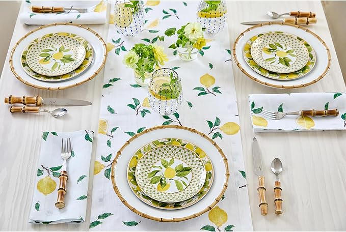 Solino Home Lemon Print Table Runner 48 inch - 100% Pure Linen Table Runner 14 x 48 Inch - Machine Washable - Botanical Lemon/White Print
