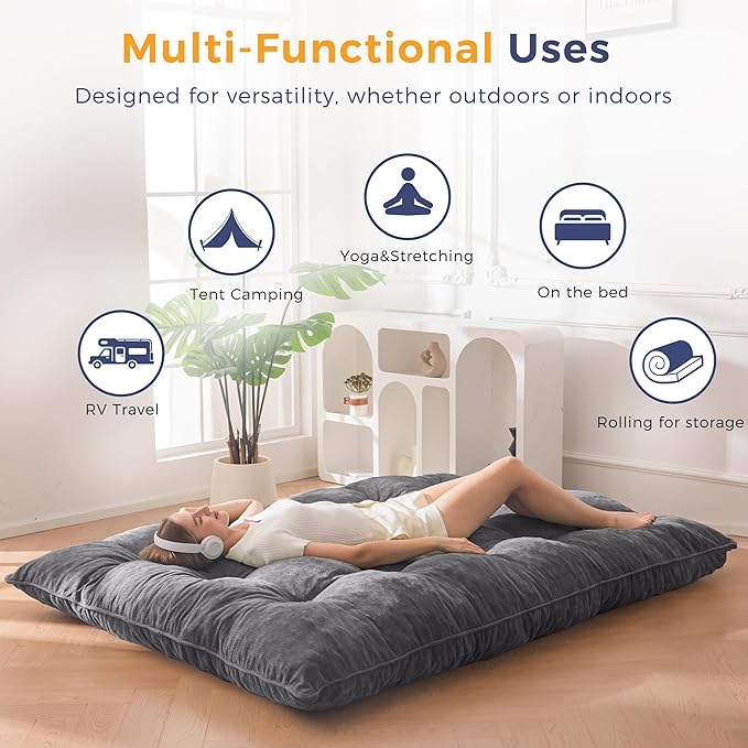 MAXYOYO Japanese Floor Mattress Queen Size, 6" Foldable Futon Mattress Tufted Roll Up Floor Bed, Thick Chenille Tatami Mat Sleeping Pad for Camping Guest Room Dormitory Bedroom RV, Dark Grey