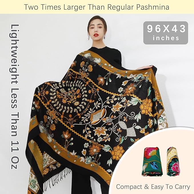 DANA XU 100% Merino Wool Extra Large Pashmina Blanket Travel Scarf Cashmere Wrap for Women Fall Winter Oversize Shawl Floral