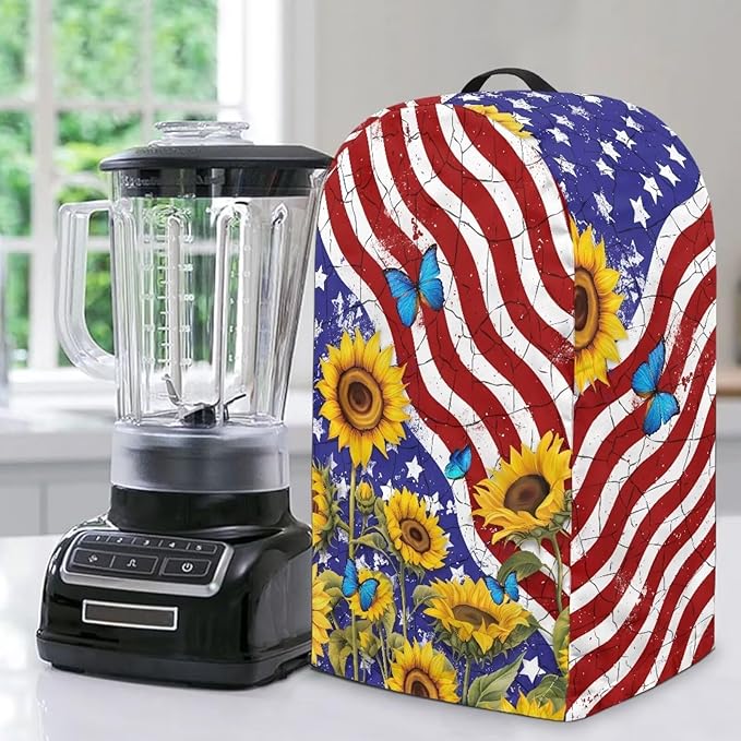 American Flag Sunflower Blender Dust Cover Stand Mixer or Coffee Maker Appliance Covers with Drawstring, Anti Fingerprint Dust Proof Stain Resistant Blender Cover for Kitchen
