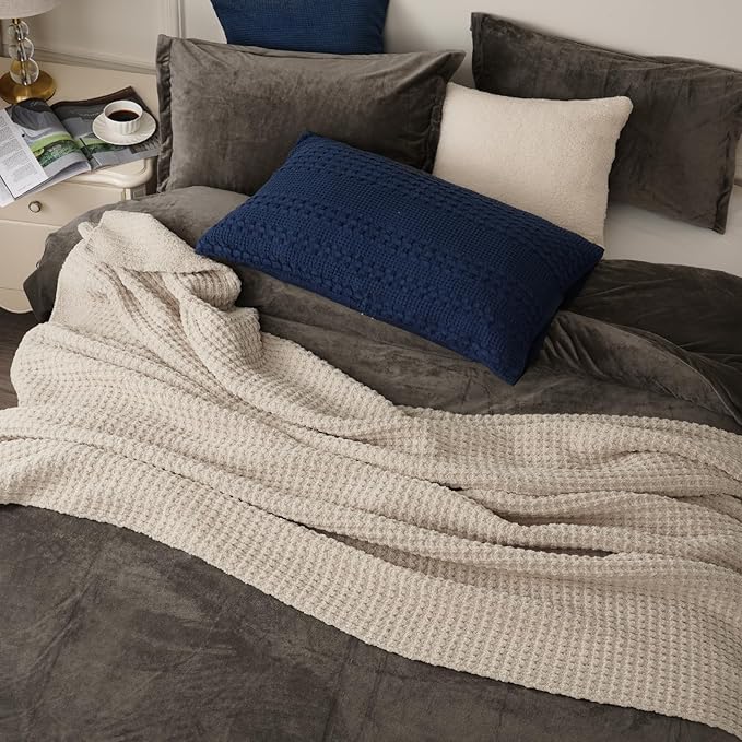 PHF Chenille Waffle Knit Throw Blanket- Plush Warm & Cozy 50" x 60" Ultra Soft Blanket- Chunky Fluffy Waffle Throws for Couch Bed Sofa - Natural