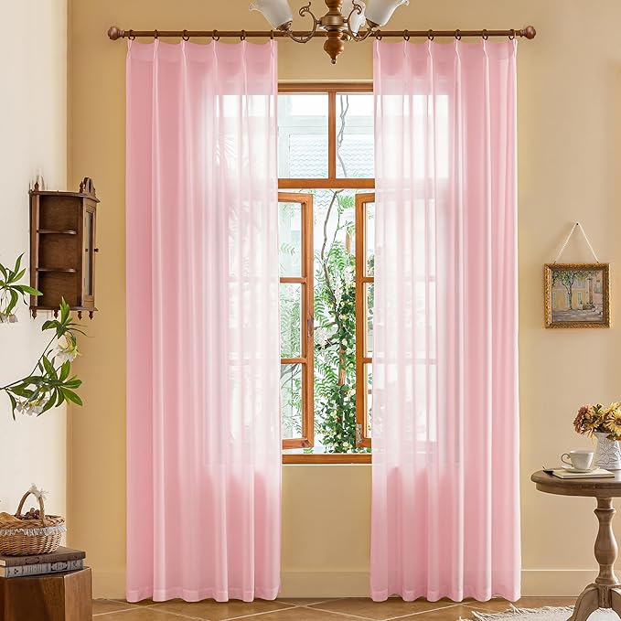 MAIHER Pink Pinch Pleat Sheer Curtains 84 Inches Long for Girls Bedroom Airy & Light Filtering Privacy Pleated Drapes with Ajustable Hooks (No Rings), Pink, 42" W x 84" L, 2 Panels