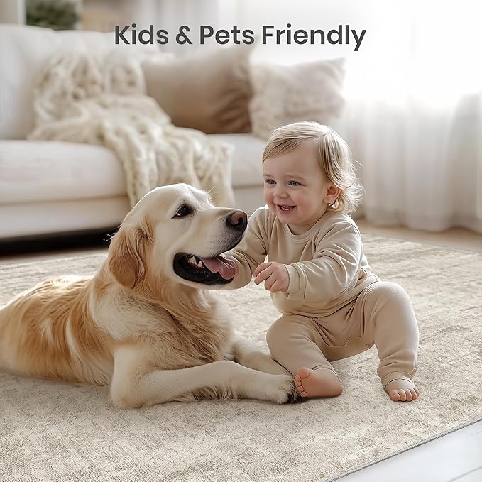 Valenrug Washable Rug 4x6 - Stain Resistant 4x6 Area Rugs for Living Room, Non Slip Backing Printed Rugs for Bedroom, Folable Machine Washable Area Rug(4'x6', Beige)