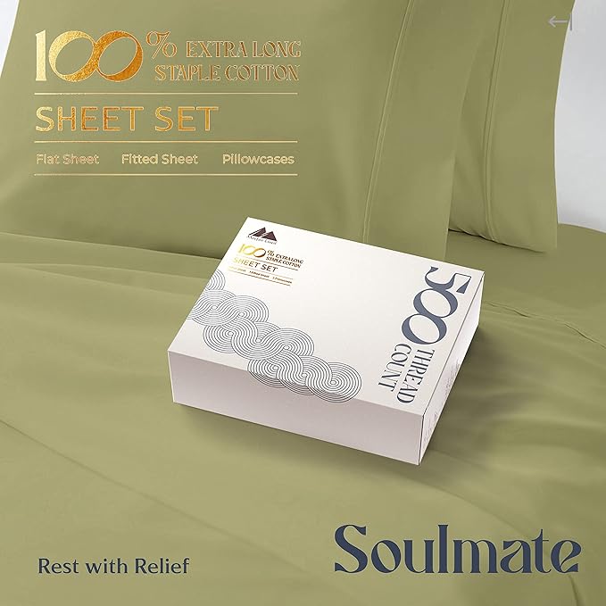 Mayfair Linen 100% Cotton Bed Sheets Queen Sheet Set - 500 Thread Count Sheets Queen Size 4 PC Set (Sage Green), Soft, Cooling, Hotel-Quality 16" Deep Pocket Sateen Cotton Bedsheet for Hot Sleepers