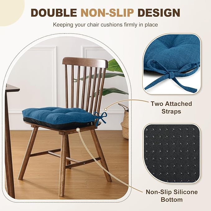 downluxe Indoor Chair Cushions for Dining Chairs, Tufted Overstuffed Textured Foam Kitchen Chair Pads with Ties and Non-Slip Backing, 15.5" x 15.5" x 4", Turquoize, 4 Pack