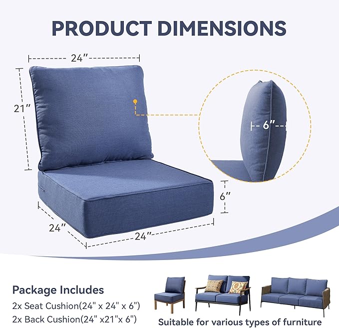 Outdoor Cushion Set for Furniture Patio Furniture, UV Resistant, Water Resistant - 6 Inch Thick Foam Garden Cushions– 24x24 Inch Patio Seat Covers for Chair/Sofa/Couch | Blue | 2-Pack |