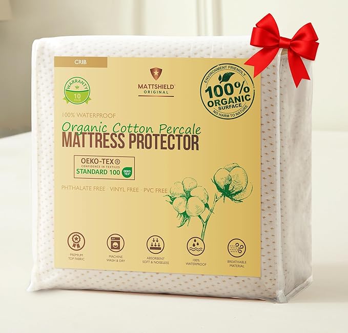 Crib Organic Cotton Percale Mattress Pad Protector – OCS Blended & Oeko-TEX Certified – Waterproof Breathable – Naturally Cool – Soft Natural Comfort