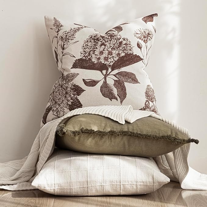 Foindtower Set of 2 Linen Floral Throw Pillow Covers Vintage Accent Print Decorative Cushion Covers Farmhouse Boho Home Decor for Sofa Chair Couch Bedroom Living Room,22×22 Inch,Dark Brown