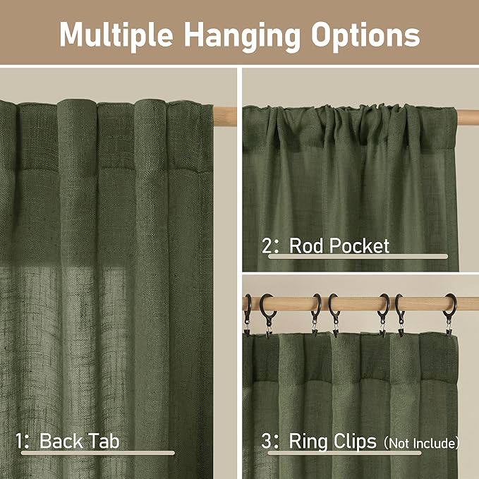 LAMIT Light Filtering Linen Curtains 63 inches Long for Bedroom, Linen Textured Semi Sheer Back Tab and Rod Pocket Olive Green Boho Christmas Drapes for Living Room, 2 Panels, 60 x 63 Inch