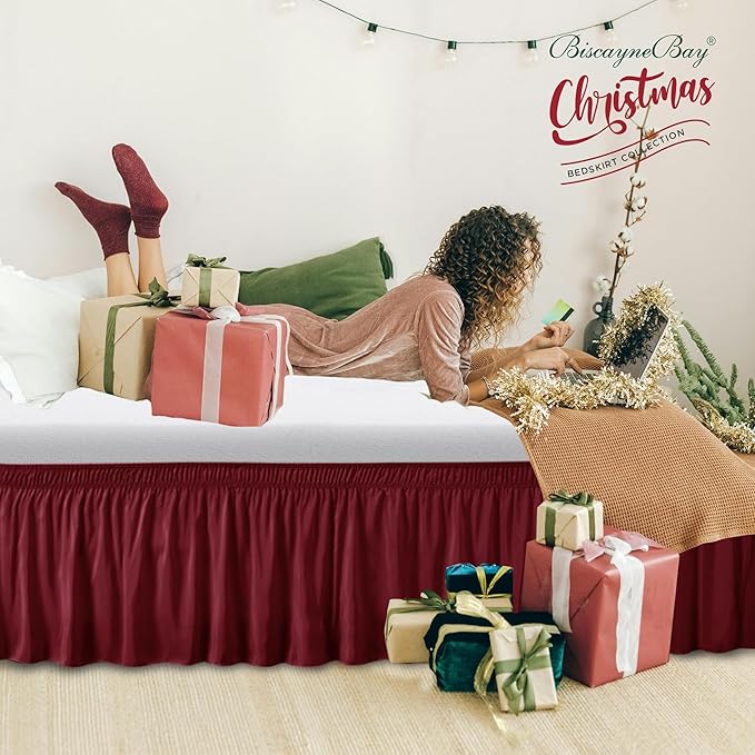 Biscaynebay Wrap Around Bed Skirts for King & Cal King Beds 19" Drop, Burgundy Adjustable Elastic Dust Ruffles Easy Fit Wrinkle & Fade Resistant Silky Luxurious Fabric Solid Machine Washable