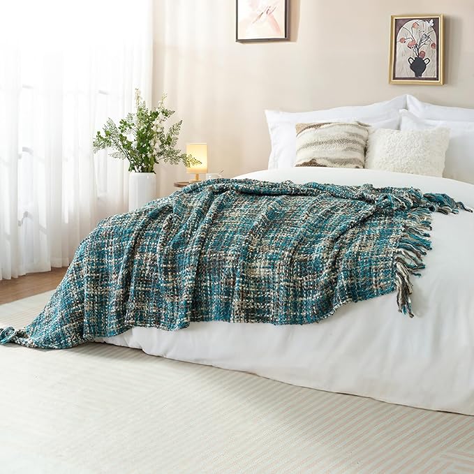 Multi-Color Teal Cable Knitted Throw Blanket for Couch,60"X80" Boho Style Textured Blankets for Home Decor,Super Soft Warm Cozy Chunky Knit Blanket with Decorative Tassels for Bed and Sofa