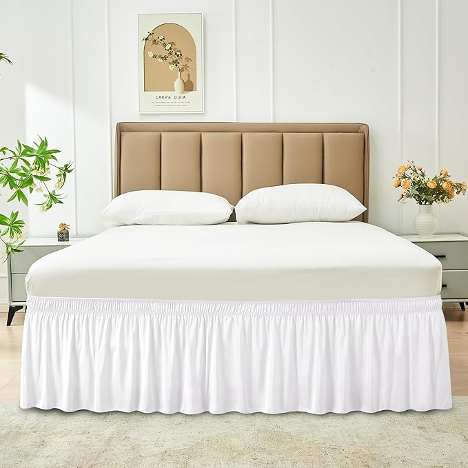 Biscaynebay Wrap Around Bed Skirts for Queen Size Beds with Extra Long Drop of 21", White Adjustable Elastic Dust Ruffles Easy Fit Wrinkle Resistant Silky Luxurious Fabric Machine Washable