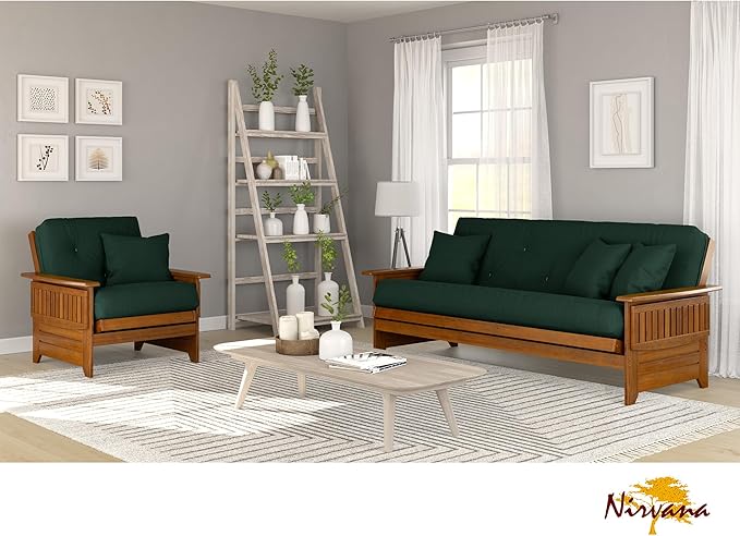 Nirvana Futons Brentwood Tray Arm Futon Sofabed Set - Full Frame, 8" Hunter Green Mattress, Rich Heritage Finish