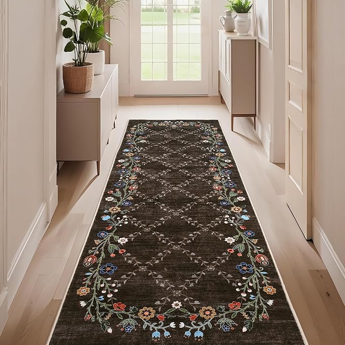 GarveeHome 2x6 Washable Floral Runner Rugs for Hallway: Modern Floral Non Slip Large Runner Rugs for Kitchen, Large Machine Washable Hallways Low Pile Carpet with Non-Slip Backing Brown 2 ft x6 ft.
