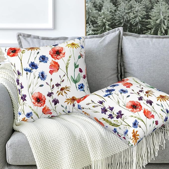 Wildflowers Throw Pillow Covers Set of 2 Watercolor Poppy Pillow Covers 18x18 Inch Modern Farmhouse Home Decorative Pillow Cases Cushion Cover for Sofa Living Room Office