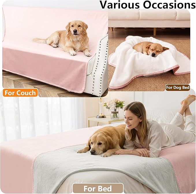 Waterproof Blanket for Couch, Leak Proof Dog Bed Blankets Reversible, Pet Throw Sofa Furniture Protector Machine Washable-68 x82,Pink+Cream