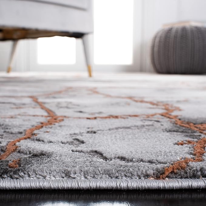 SAFAVIEH Craft Collection Area Rug - 5'3" Square, Grey & Orange, Modern Abstract Marble Pattern Design, Non-Shedding & Easy Care, Ideal for High Traffic Areas in Living Room, Bedroom (CFT877P)