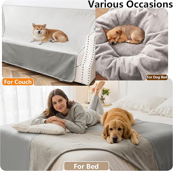 Waterproof Blanket for Couch, Leak Proof Dog Bed Blankets Reversible, Pet Throw Sofa Furniture Protector Machine Washable-52 x82,Light Grey+Dark Grey