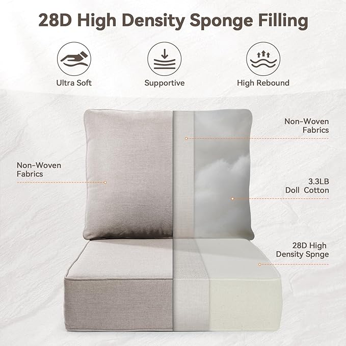 Luxury 6" Outdoor Cushions for Patio Furniture, 24x24x6" Thick Seat Cushion Set, Fade Resistant Couch Chair Replacement Cushions High Density Deep Wicker Chair Cushion with Removable Cover, Beige