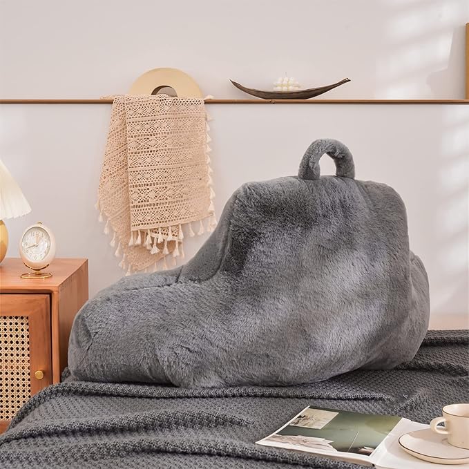 Aimuan Reading Pillow Bed Rest Pillow with Arms Rabbit Fur Cushion for Adults Teens Incline Rest Sitting up & Sleeping Snoring Pillow with Pregnancy Lumbar Back Support (Standard, Grey)