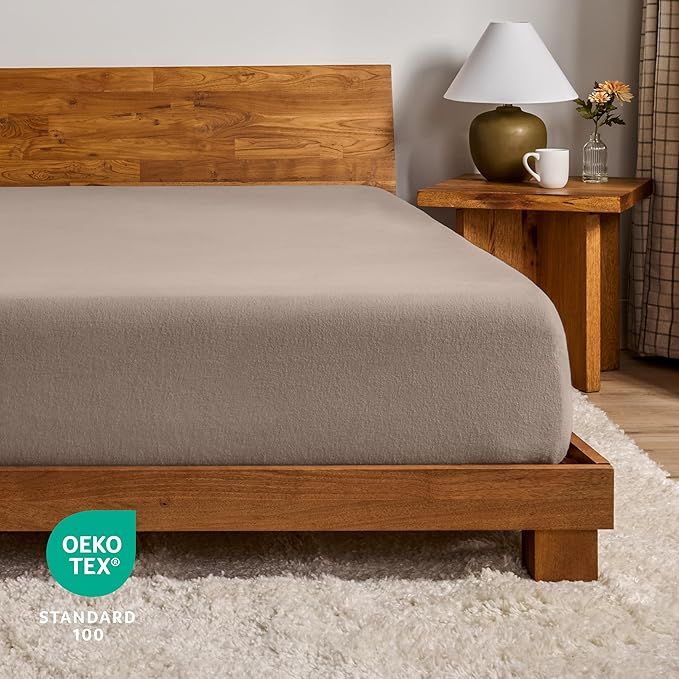 Bare Home Flannel Fitted Bottom Sheet 100% Cotton Twin Extra Long, Velvety Soft Heavyweight - Double Brushed Flannel - Deep Pocket (Twin XL, Taupe)