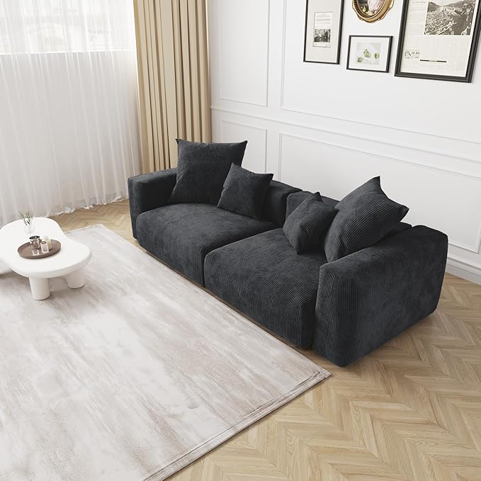 JACH 102" Corduroy Sectional Couch with 4 Pillows, Comfy Modular Sectional Sofa, Cushion Covers Removable, Oversized Love Seat Couches for Living Room, Office, Apartment, Black