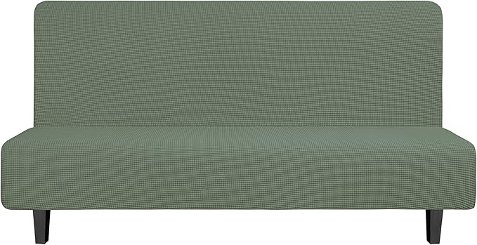 Easy-Going Stretch Futon Slipcover Armless Futon Bed Cover Furniture Protector Without Armrests with Elastic Bottom for Kids, Soft Jacquard Fabric Small Checks (Large, Greyish Green)