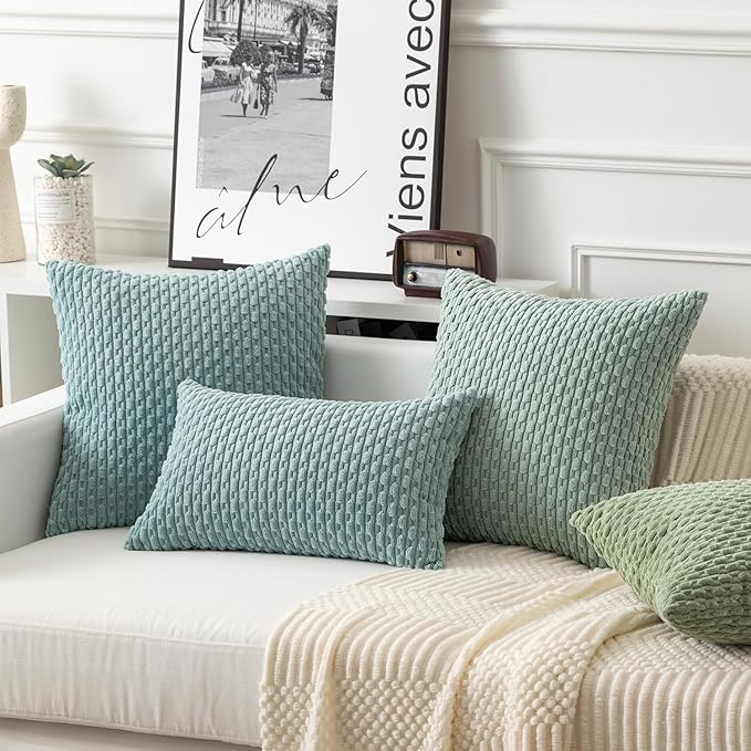 Kevin Textile 14x24 Inch Pillow Cover 1 Pack Boho Decorative Soft Striped Corduroy Lumbar Farmhouse Accent Rectangle Cushion Case for Living Room Couch Sofa Bed, Dusty Green