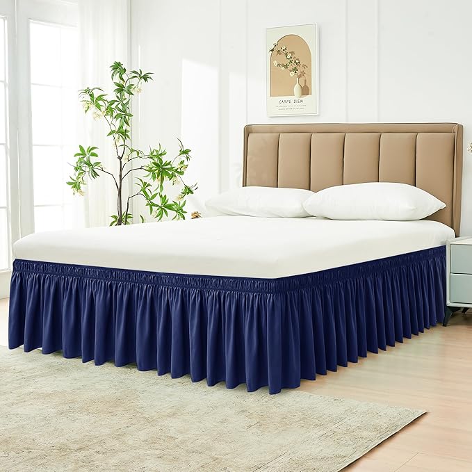 Biscaynebay Wrap Around Bed Skirts for King & Cal King Beds Short Drop of 12", Navy Adjustable Elastic Dust Ruffles Easy Fit Wrinkle Resistant Silky Luxurious Fabric Machine Washable