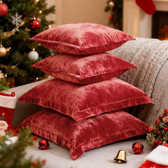 Luxurious Velvet Throw Pillow Covers 20x20 Set of 2 Decorative Pillow Covers Solid Square Cushion Case for Sofa Couch Bedroom Farmhouse, Red